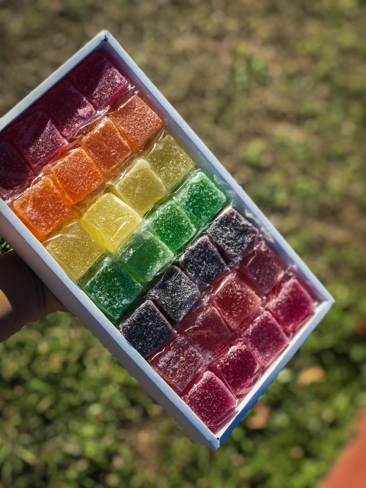 Caja de bombones Bonnilda abierta mostrando bombones de fruta artesanales de múltiples colores y sabores